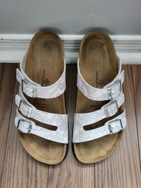 Wanderlust White Triple-Buckle Paisley Sandals